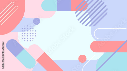 Pastel abstract geometric background with soft pinks, light blues, and purples featuring rounded rectangles, circles, and overlapping shapes for modern design and creative backdrops