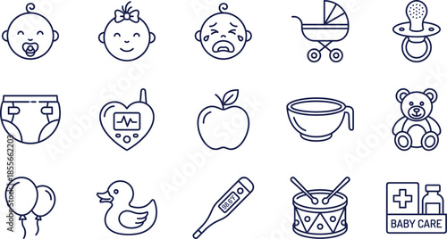 Baby care and nursery icon set including stroller pacifier diaper monitor teddy bear balloons rubber duck thermometer and newborn childhood symbols