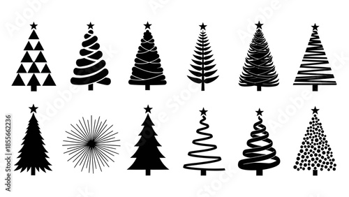 Collection of minimalist black Christmas tree icons in diverse silhouettes on white background for web, print, and branding
