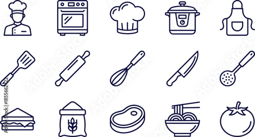 Cooking and kitchen icon set including chef oven apron pot whisk rolling pin knife spatula noodles steak tomato and culinary symbols