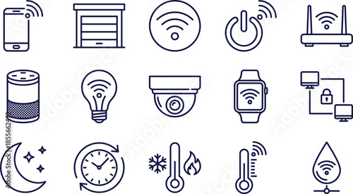 Smart home technology icon set including wifi connection security camera thermostat intelligent lighting voice assistant router smartwatch and home automation symbols