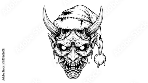 Festive Oni Mask with Santa Hat - A Unique Blend of Traditional Japanese Folklore and Holiday Spirit