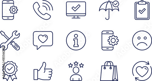 Customer service and support icon set including call center tools feedback ratings help desk mobile settings technical assistance and satisfaction symbols