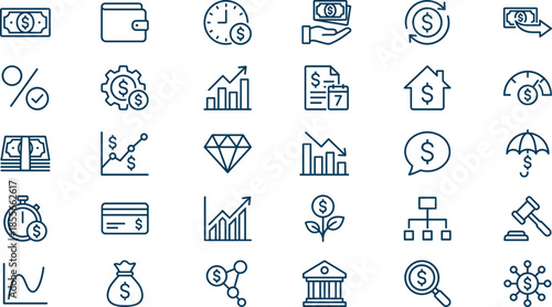 Set of finance and money icons including currency banknotes wallet growth charts bank building credit card investment wealth and accounting symbols