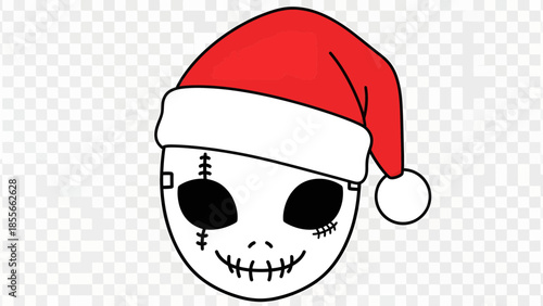 A Halloween-themed skeleton face wearing a Santa hat, representing a holiday crossover