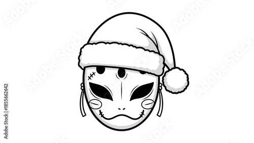 Japanese Kitsune Mask with Santa Hat - A Festive Holiday Character Illustration