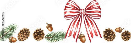Christmas horizontal border with central red striped ribbon bow rustic pine cones acorns and evergreen pine needle sprigs.