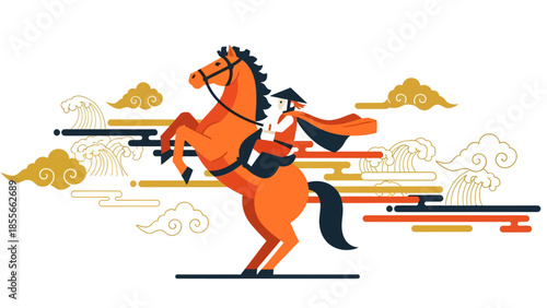 Stylized mounted archer on a rearing orange horse with decorative clouds in a traditional Asian art style illustration