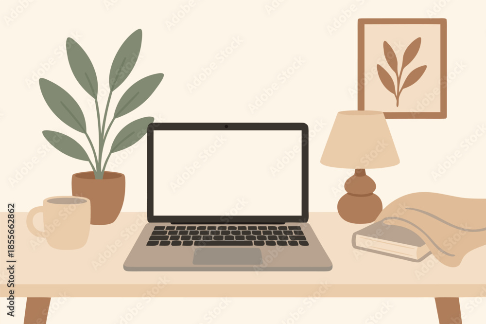 Fototapeta premium Minimal Workspace with Laptop and Plant Illustration