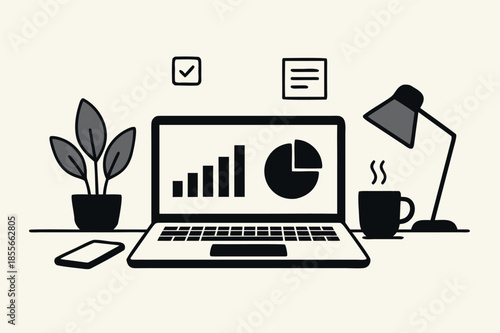 Workspace Desk with Laptop and Analytics Charts Illustration
