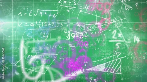 Animation of scientific formulas written on a board with colorful geometric shapes