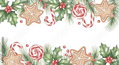 Christmas horizontal frame with top and bottom borders of pine holly gingerbread stars candy canes and swirl lollipops.
