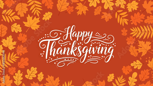 Happy Thanksgiving greeting card with warm autumn leaves on an orange background, festive typography and decorative flourishes