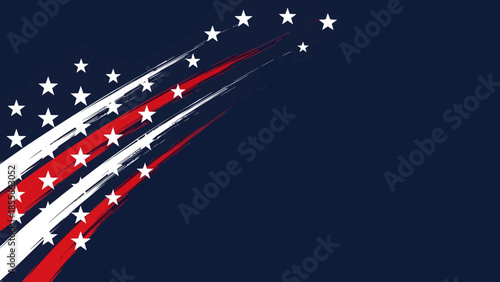 Dynamic abstract composition with red, white, and blue streaks and stars on a dark blue background, evoking patriotic energy