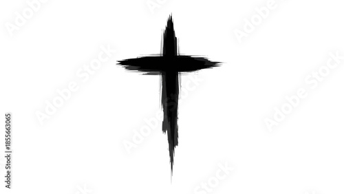 Brush-stroke black cross on white background, a hand-drawn Christian symbol with ink texture for religious art and minimalist design.