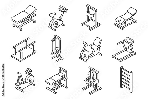 Isometric fitness equipment set: bikes, treadmills, weight machines, benches.
