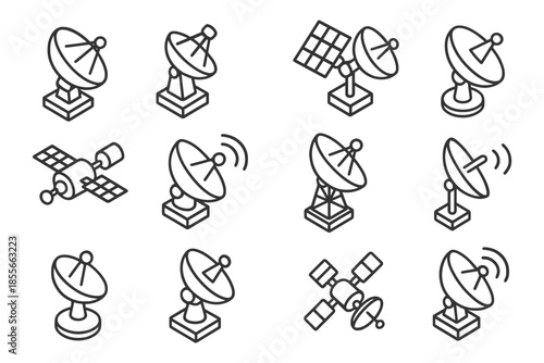 Set of outline satellite dishes and satellites icons in various designs.