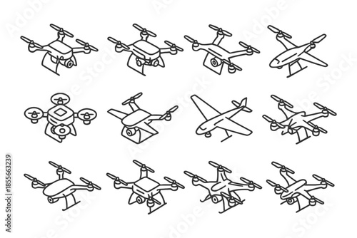 Collection of various drone designs in line art style.