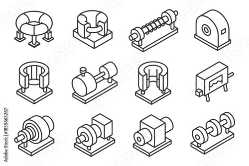 Set of twelve isometric line art machine components and industrial parts.
