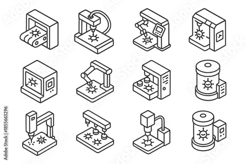Collection of 3d printers in isometric style illustrations.