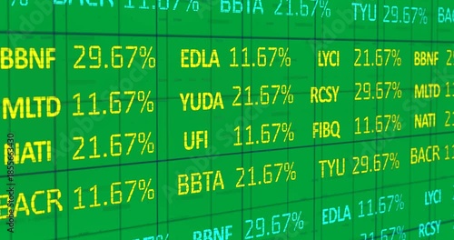 Animation of blue and yellow numbers and stock market statistics rolling over a grid