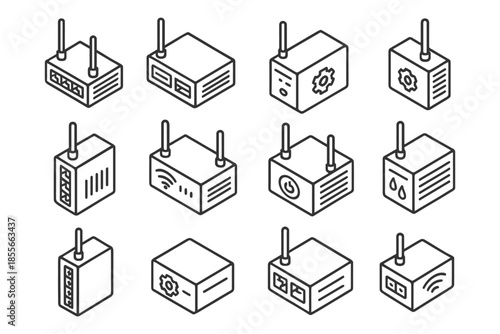 Isometric router icon set with various configurations and symbolic indicators.
