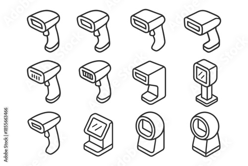 Collection of various barcode scanner line art icons.