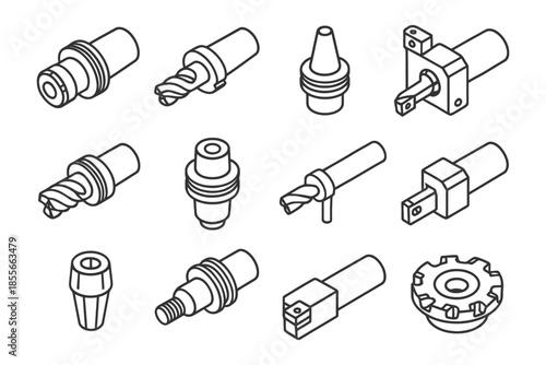 Collection of industrial machine tool components in black and white line art.