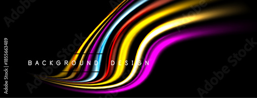 Abstract colorful ribbons flow across black background. Dynamic curves create modern design element. Bright hues add visual impact.