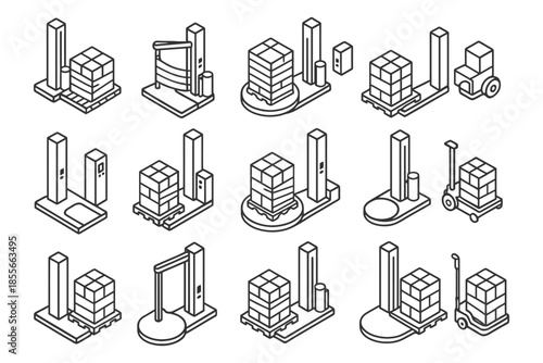 Isometric icons of pallet wrappers and forklifts for warehouse automation.