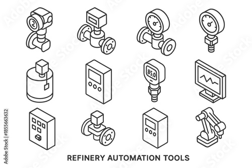 Isometric refinery automation tools set with gauges and robots.