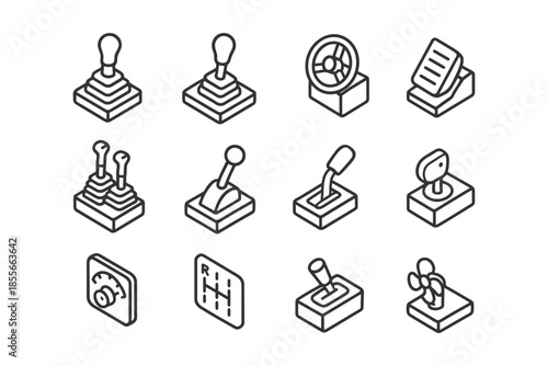 Set of isometric gear shift icons for gaming and simulation.