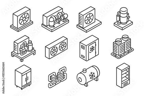 Isometric line drawings of hvac and refrigeration equipment.