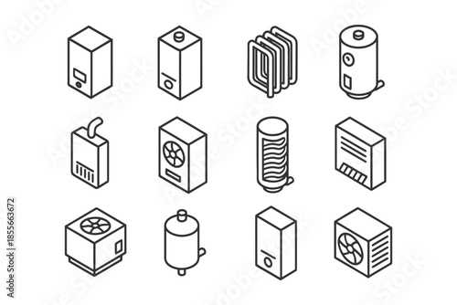 Set of isometric hvac appliances icons: heater, air conditioner, radiator, water heater.