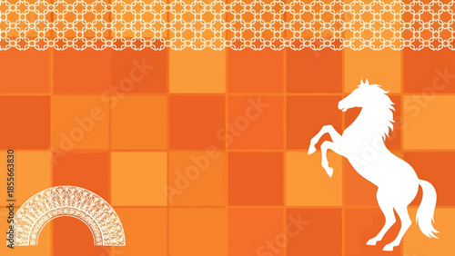 Orange geometric checkerboard background featuring a white rearing horse silhouette and a curved measurement arc motif