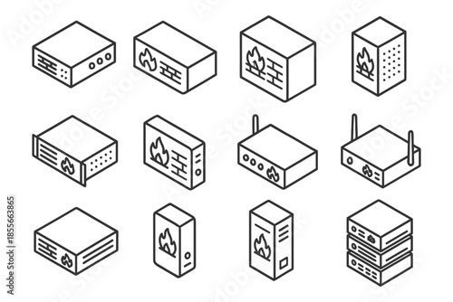 Set of firewall and network security icons in isometric style.