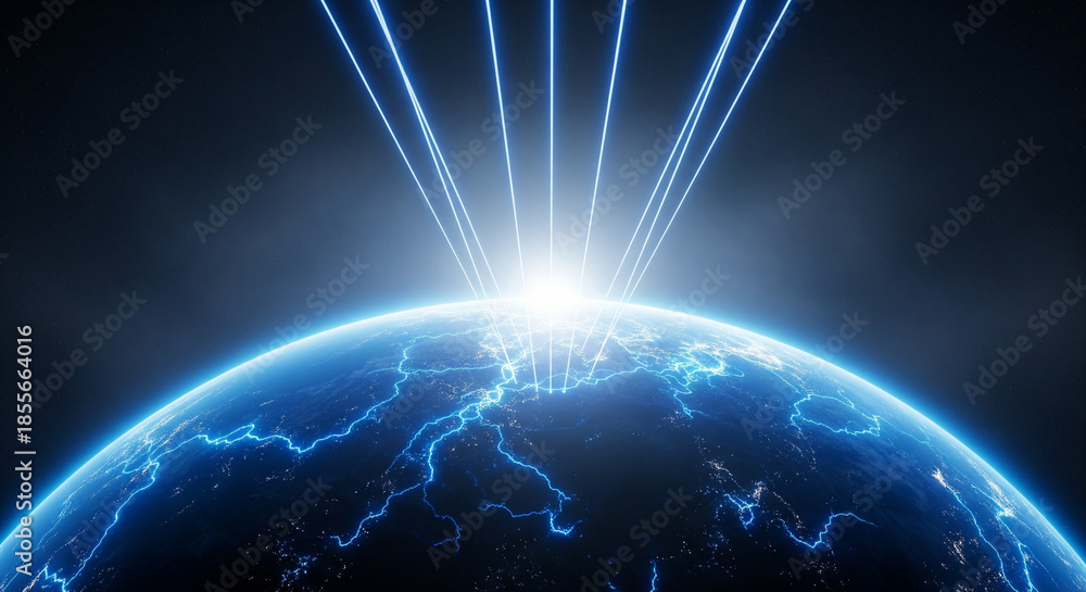 Fototapeta premium Global Energy: A mesmerizing visual depiction showcasing the earth, illuminated by striking blue energy beams, symbolizing the power of science and interconnectedness.