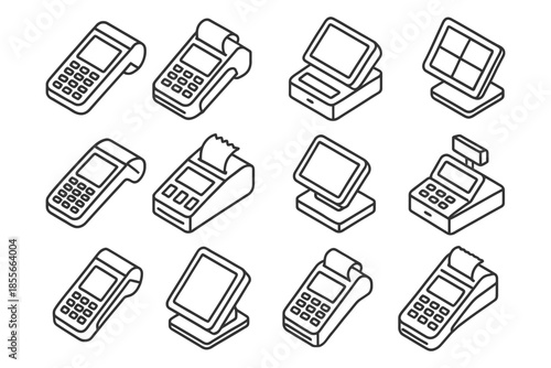Isometric black and white line icons of payment devices and terminals.