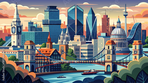 Very beautiful timeless view of the London skyline along the River Thames, showcasing bridges, historic landmarks, and modern buildings shaping England’s iconic capital.