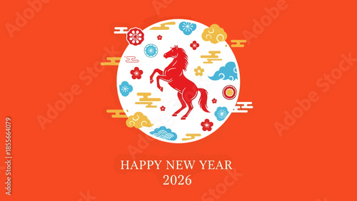 Festive Chinese New Year 2026 celebration with a red dragon inside a white circular motif, surrounded by clouds on an orange background.