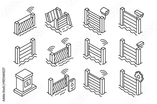 Smart security fence icons featuring sensors and cameras.