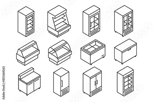 Isometric refrigeration units: display cases, freezers, and coolers variety.