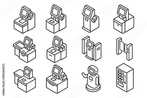 Isometric icons of self-checkout kiosks and vending machines in black and white line art.