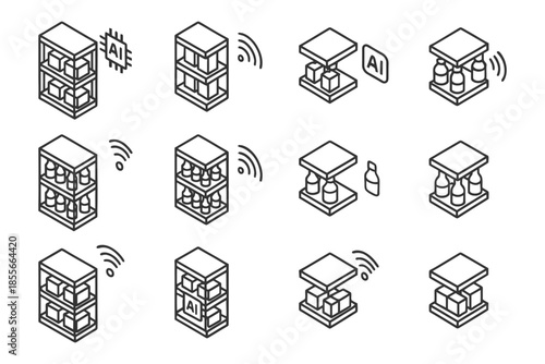 Isometric smart shelves with ai and iot integration for inventory management.