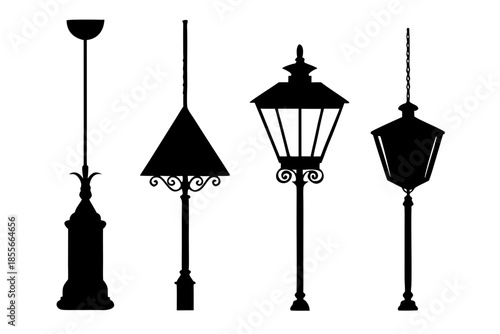 Set of black silhouette floor lamps  vector, vintage room lamp silhouette