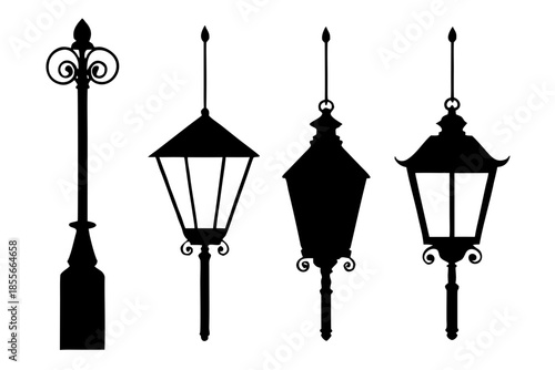 Set of black silhouette floor lamps  vector, vintage room lamp silhouette