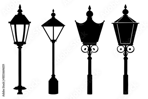 Set of black silhouette floor lamps  vector, vintage room lamp silhouette