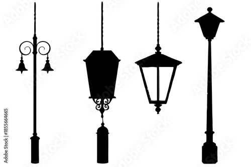 Set of black silhouette floor lamps  vector, vintage room lamp silhouette