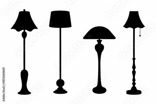 Set of black silhouette floor lamps  vector, vintage room lamp silhouette