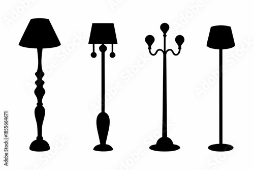 Set of black silhouette floor lamps  vector, vintage room lamp silhouette